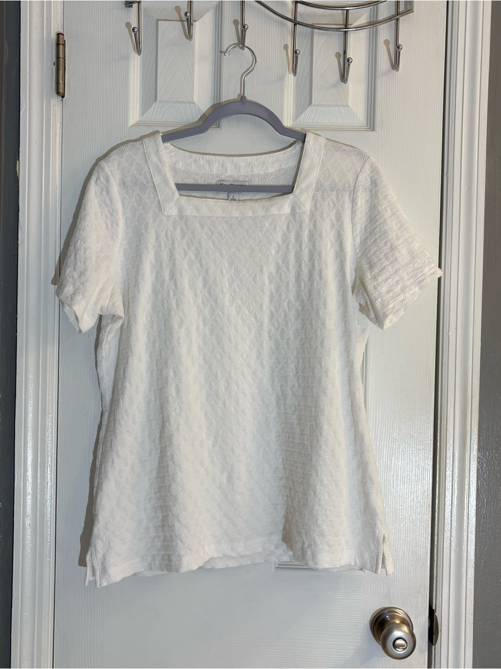 Kim Rogers White Textured Blouse Large L Short Sleeve Square Neck Cotton Blend